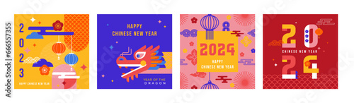 2024 Chinese New Year, year of the Dragon. Set of Chinese zodiac dragon design in geometric flat modern style. ector illustration © jennylipmic