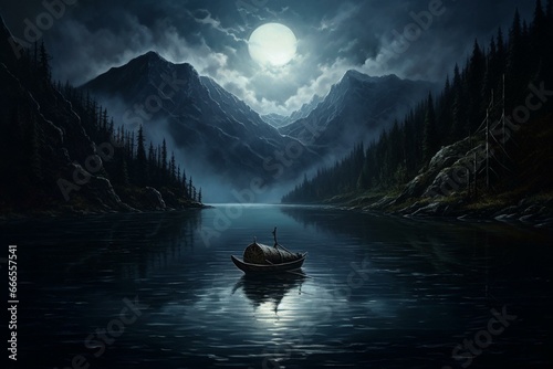 A painting of a boat on a lake at night with a full moon and a person on board. Generative AI