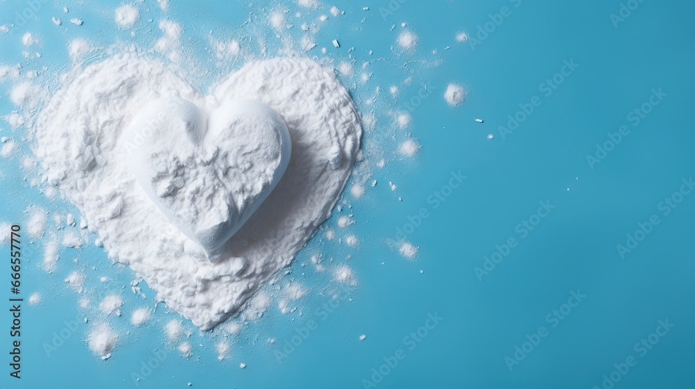 a heart - shaped white powder on a blue background with bubbles. generative ai a heart - shaped white powder on a blue background with bubbles. generative ai