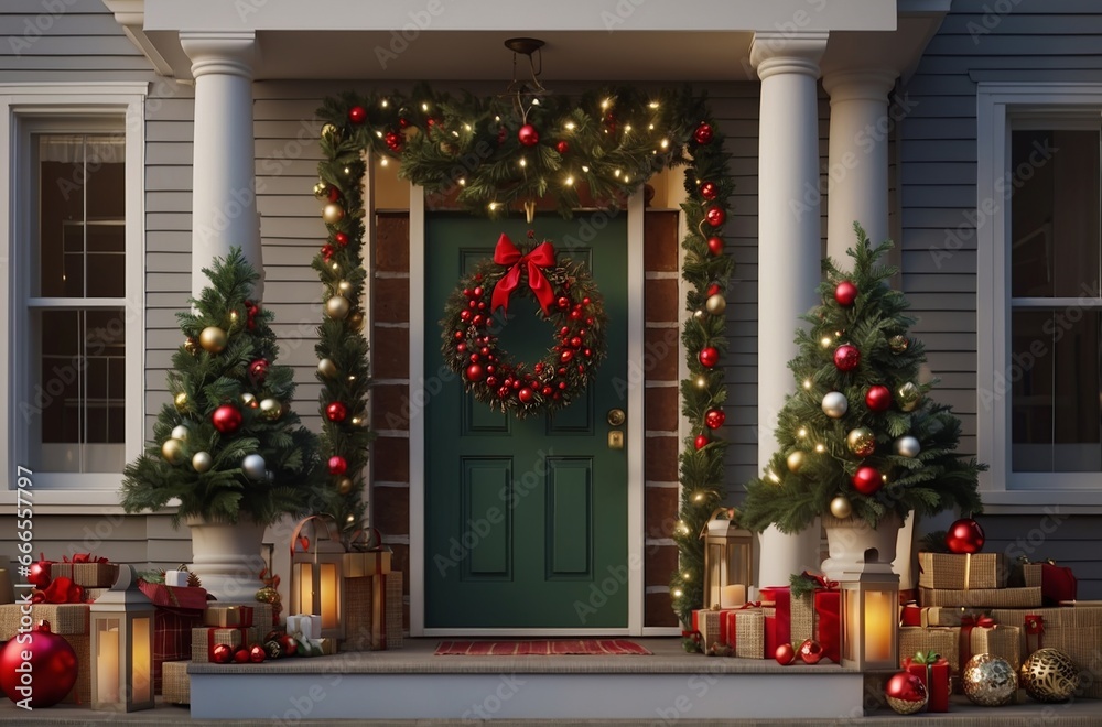 The porch of a house decorated for Christmas with fir trees and garlands in the evening. outdoor decor concept for new year and christmas. AI generated The porch of a house decorated for Christmas with fir trees and garlands in the evening. outdoor decor concept for new year and christmas. AI generated