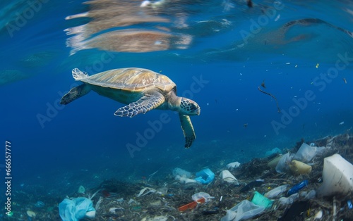 sea turtle swims in the ocean among the garbage