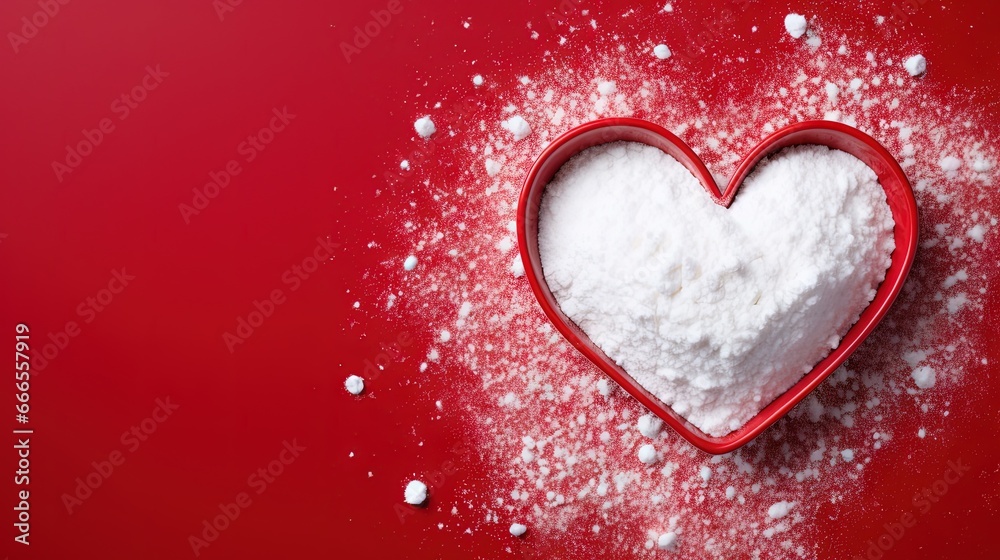  a heart shaped cookie tin filled with white sugar on a red background.  generative ai