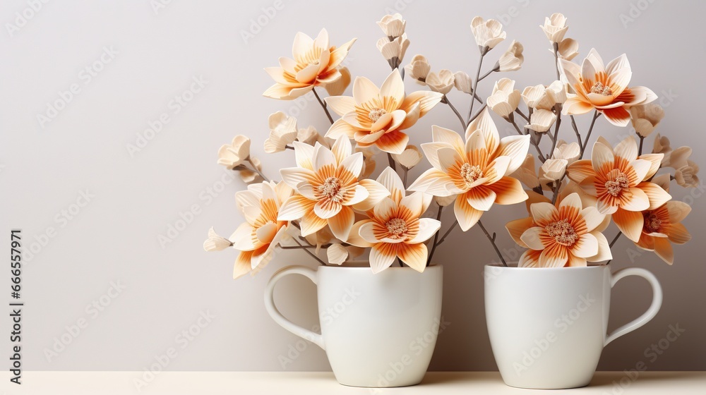  a couple of white cups filled with flowers on top of a table.  generative ai