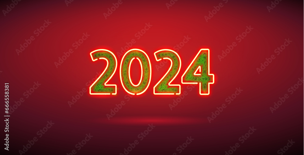 Happy New Year 2024 Neon Sign with Spruce Branches on Red Background. Vector illustration for Holidays projects.