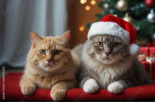 Christmas cats in Santa hat on the background of a Christmas tree and lights. AI generated