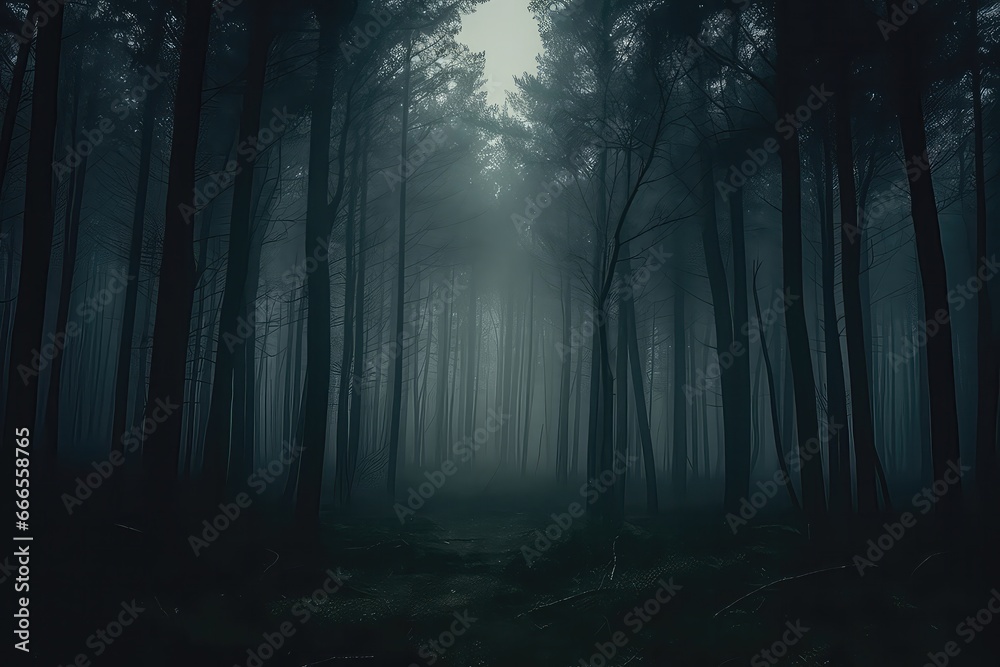 Fototapeta premium Dark And Mysterious Forest Enveloped In Mist And Fog