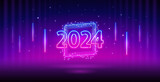 New Year 2024 Neon Design Template on Dark Purple Background. Vector clipart for your holiday projects.