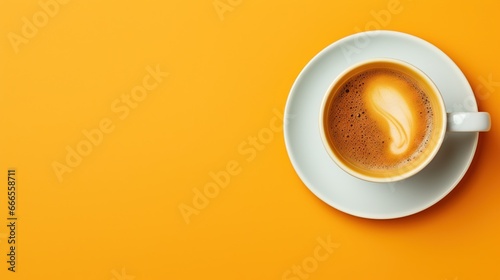  a cup of coffee on a yellow background with a spoon. generative ai