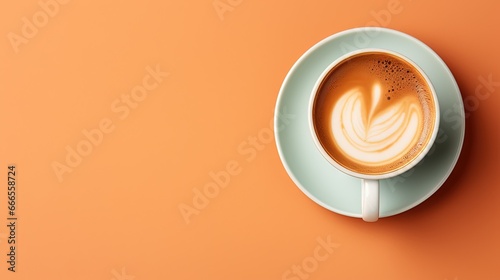  a cup of coffee on a saucer on an orange background.  generative ai photo