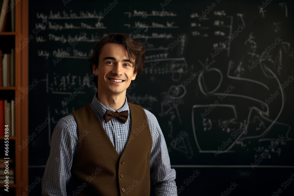 young cheerful professor in front of blackboard young cheerful professor in front of blackboard