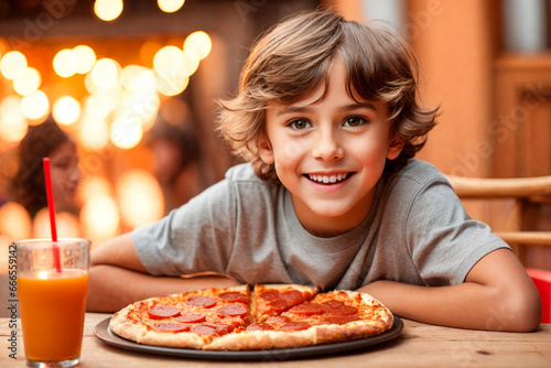 The boy is eating pizza in restaurant or pizzeria. Generative Ai.