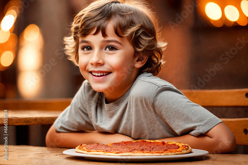 The boy is eating pizza in restaurant or pizzeria. Generative Ai.