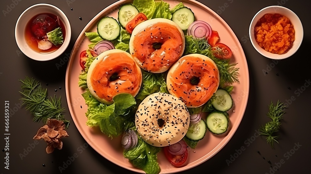 a plate of food that includes a bagel and vegetables. generative ai a plate of food that includes a bagel and vegetables. generative ai