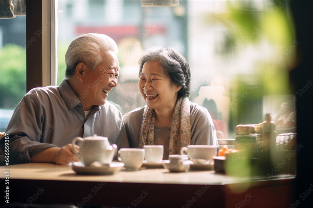 Happy Asian elderly man and woman or family drinking tea or coffee in coffee
