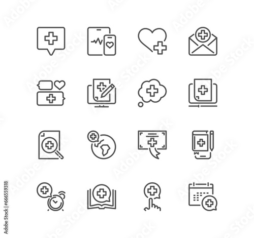 Set of healthcare and medicine related icons, smart healtcare, wait times, mental health, medical care and linear variety vectors.