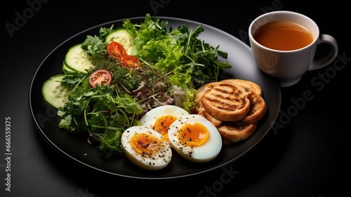  a plate of food with eggs, bread, salad and a cup of tea. generative ai