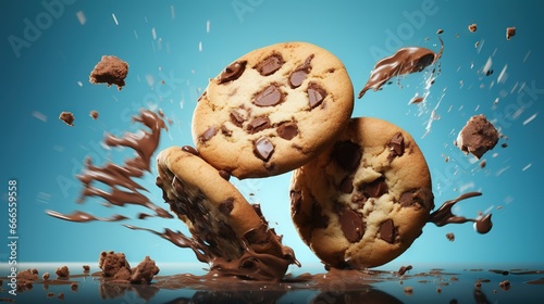  three chocolate chip cookies falling into the air with chocolate chips falling out of them. generative ai