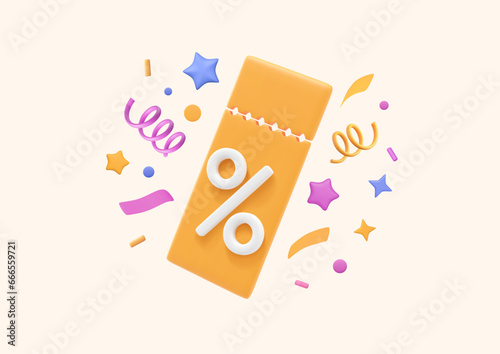 3D discount coupon with firecracker confetti, stars, tinsel, serpentine. Voucher with percent sign, sale tag, yellow lucky tear-off ticket. Vector promo illustration