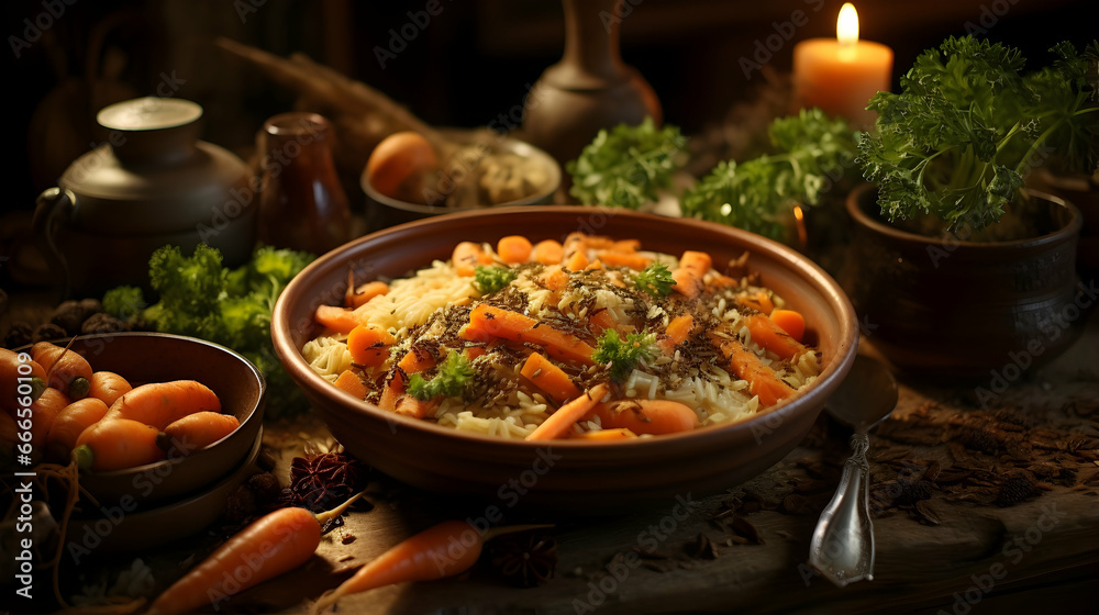 A bowl of food with carrots and a spoon on a table,Generated With Ai A bowl of food with carrots and a spoon on a table,Generated With Ai