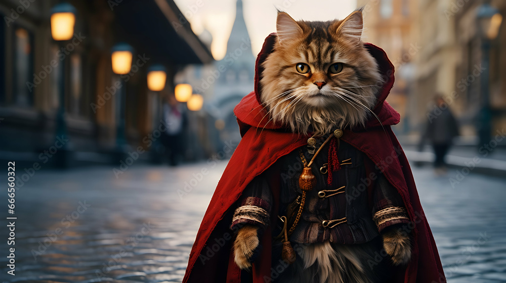 A cat in a red cape is walking down the street AI, Generated With Ai.