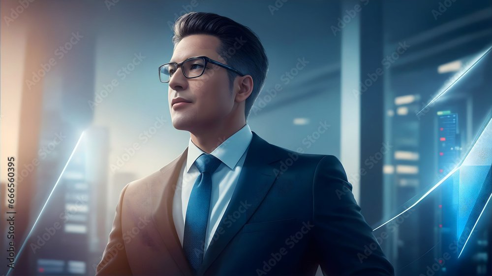 Fototapeta premium A confident and financially successful businessman works in a modern building, representing success and prosperity.