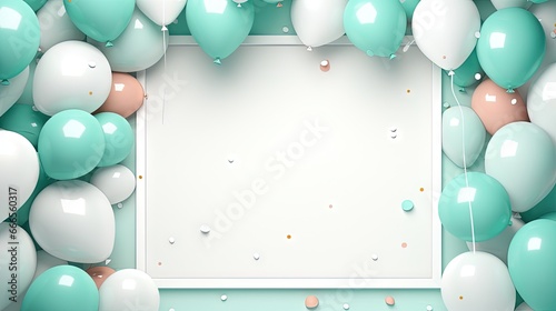  a white square frame surrounded by balloons and confetti. generative ai