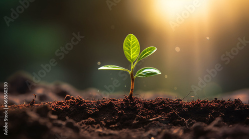 Close-up young plant growing in the soil concept save nature or agriculture on soft green tree background. photo