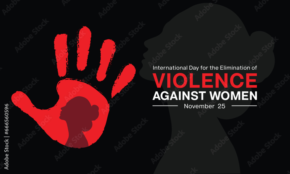 International Day for the Elimination of Violence Against Women design. It features a stop hand sign with silhouette of a woman. Vector illustration - obrazy, fototapety, plakaty 