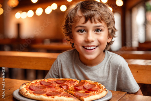 The boy is eating pizza in restaurant or pizzeria. Generative Ai.