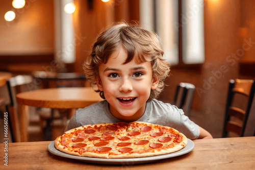 The boy is eating pizza in restaurant or pizzeria. Generative Ai.