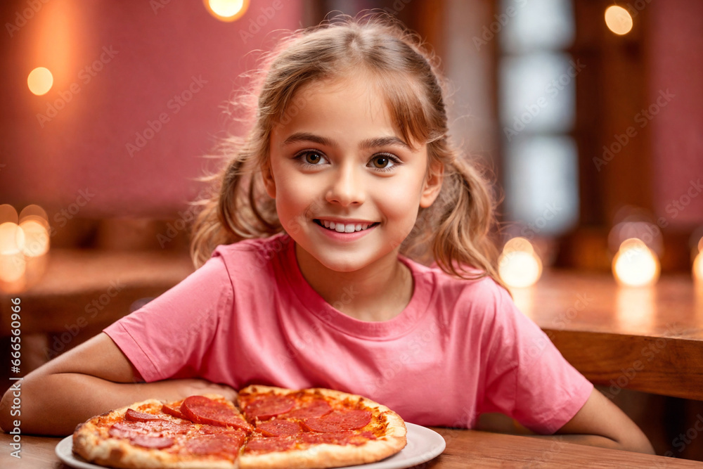 A pretty curly blonde girl eating pizza in italian restaurant. Portrait of child with long blonde hair and a pink t-shirt. Generative Ai.