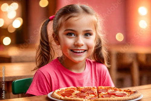 A pretty curly blonde girl eating pizza in italian restaurant. Portrait of child with long blonde hair and a pink t-shirt. Generative Ai.
