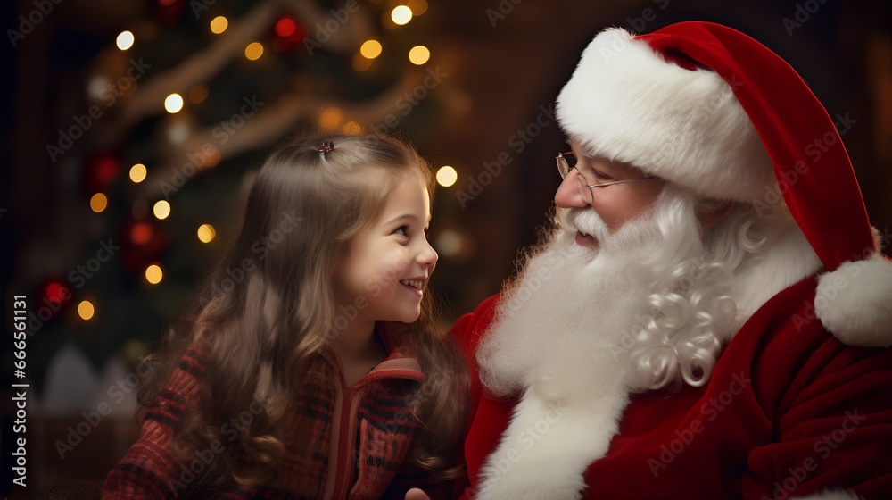 Little girl engaging in a delightful conversation with Santa Claus. Magical moment for kids and children in Christmas season embodying the spirit of the holiday season. Little girl engaging in a delightful conversation with Santa Claus. Magical moment for kids and children in Christmas season embodying the spirit of the holiday season.