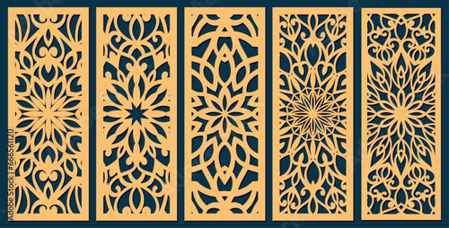 Decorative laser cut panels template with abstract texture. Geometric and floral laser cutting or engraving panel vector illustration set. Abstract cutting panels template