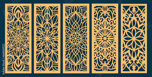 Big set of vertical panels, gratings. Abstract ornament, geometric, classic, oriental pattern, floral and plant motifs. Template for plotter laser cutting of paper, metal engraving, wood carving, cnc