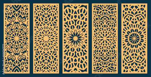 Set of laser cut templates with geometric pattern. For metal cutting, wood carving, panel decor, paper art, stencil or die for fretwork, card background design. Vctor illustration	