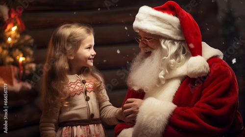 Little girl engaging in a delightful conversation with Santa Claus. Magical moment for kids and children in Christmas season embodying the spirit of the holiday season. photo