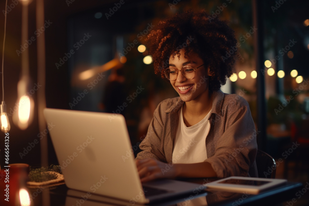 Young Black Female Working on Laptop Computer in Creative Office in the Evening, Happy Multiethnic Project Manager Writing Emails, Researching Project Plan Details Online Young Black Female Working on Laptop Computer in Creative Office in the Evening, Happy Multiethnic Project Manager Writing Emails, Researching Project Plan Details Online