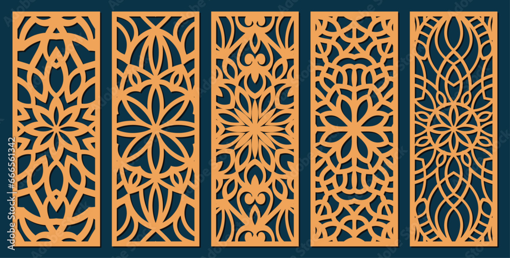 Set of laser cut templates with geometric pattern. For metal cutting, wood carving, panel decor, paper art, stencil or die for fretwork, card background design. Vctor illustration Set of laser cut templates with geometric pattern. For metal cutting, wood carving, panel decor, paper art, stencil or die for fretwork, card background design. Vctor illustration