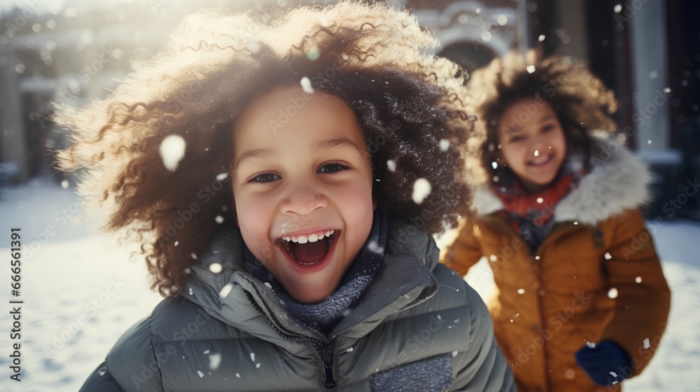 Children in snowball fight, embodying the winter vibe. They are actively playing outdoors on a snowy day. Their healthy faces lit up with joy and excitement. Beautiful and crisp winter day. - obrazy, fototapety, plakaty 