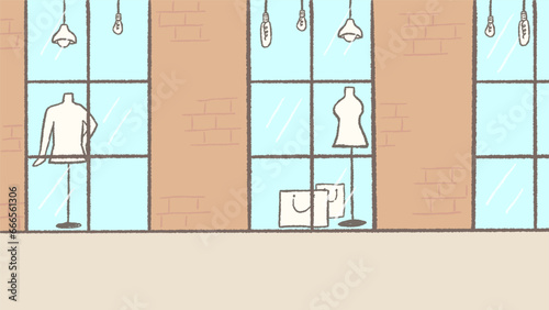 Cute hand drawn illustration of shop window background, colored pencil texture / ショーウィンドウの背景、色鉛筆のテクスチャのかわいい手描きイラスト