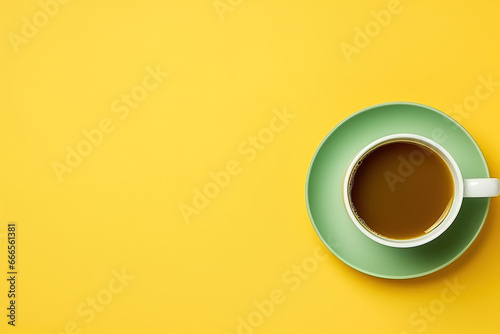 minimalist yellow background with a Tea cup, cappuccino, coffee , top view with empty copy space