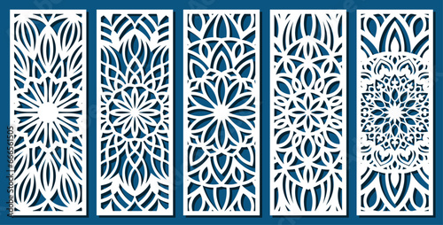 Decorative laser cut panels template with abstract texture. Geometric and floral laser cutting or engraving panel vector illustration set. Abstract cutting panels template