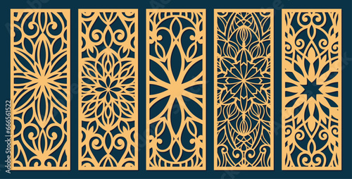 Big set of vertical panels, gratings. Abstract ornament, geometric, classic, oriental pattern, floral and plant motifs. Template for plotter laser cutting of paper, metal engraving, wood carving, cnc