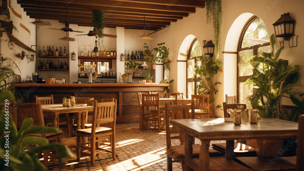 typical andalusian rural restaurant. so elegant, luxury and with current aesthetic interior design. Show the tables and the bar. Include brass kitchen utensils, an olive tree and rattan.