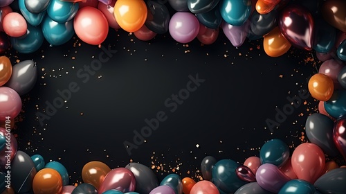  a black background with many balloons and confetti on it. generative ai