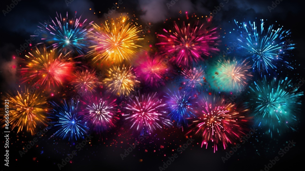  a bunch of colorful fireworks on a black background with a sky background.  generative ai