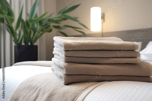 Fresh Towels Arranged On Hotel Room Bed