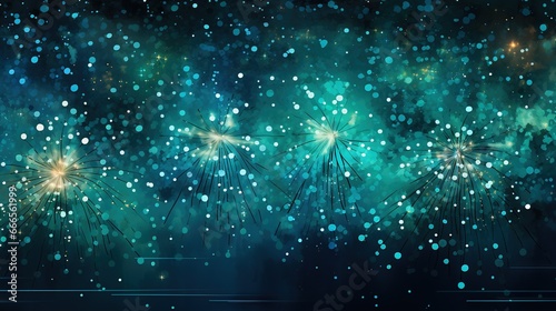  a painting of fireworks in the sky with blue and green colors. generative ai