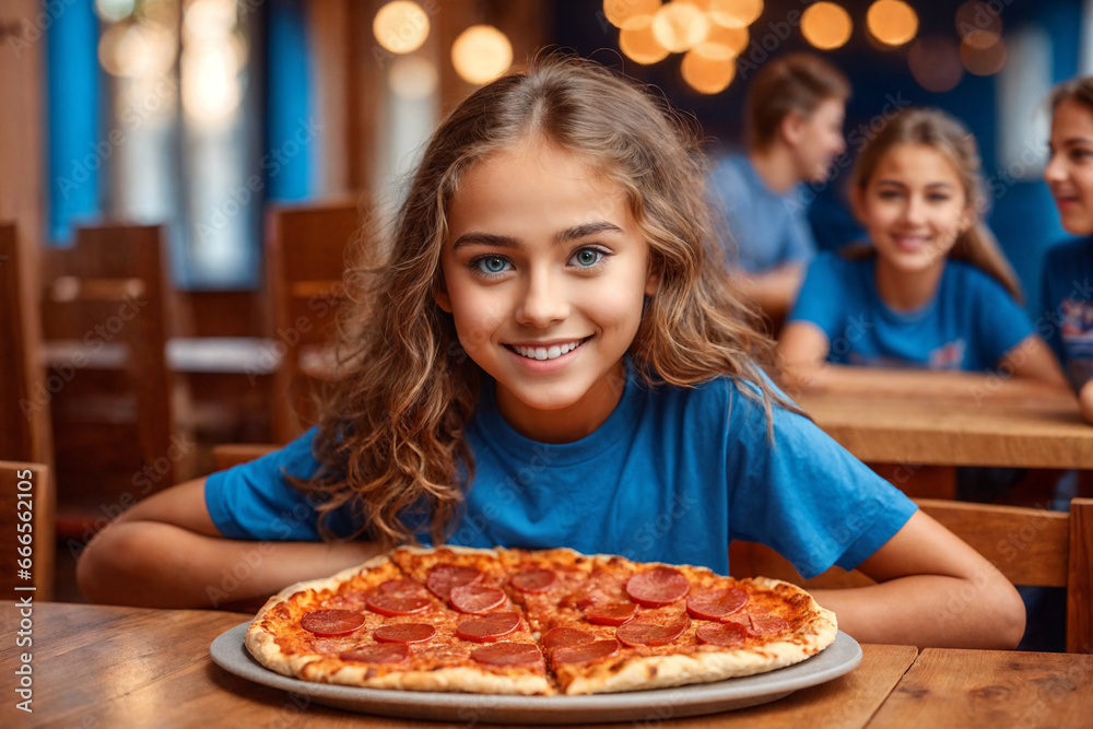 Girl eating pizza at cafe, unhealthy food, blue t-shirt. Generative Ai. Girl eating pizza at cafe, unhealthy food, blue t-shirt. Generative Ai.